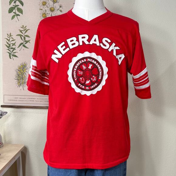 Vintage 70s 80s Nebraska Huskers Cornhuskers Single Stitch Red Jersey T-Shirt L - Picture 1 of 8